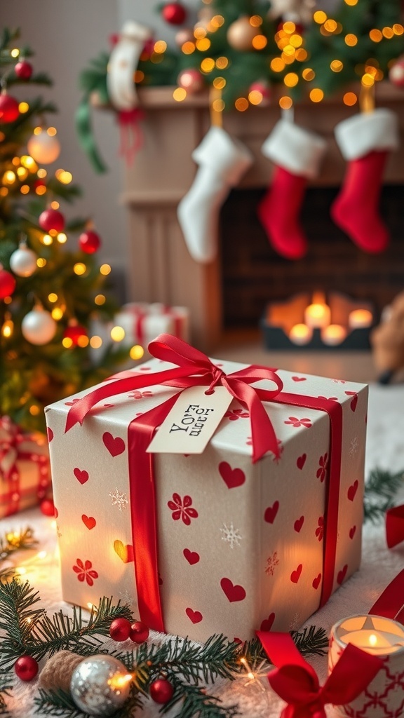 A Christmas gift box with a red ribbon in a cozy living room decorated for the holidays.